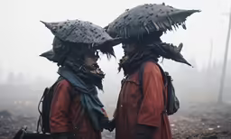 two people wearing metal headgear walk in the rain