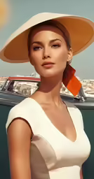 a woman wearing a large floppy hat with an orange ribbon