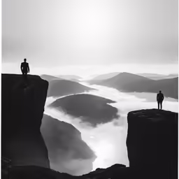 person standing on the edge of cliff overlooking foggy valley