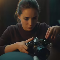 a woman holding a camera looking down at her