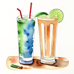 watercolor drawing of two beverages,a watercolor drawing of two cups of cocktail