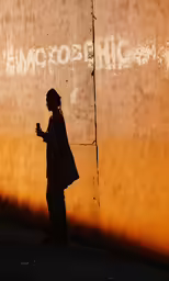 a person looking at his cell phone next to a wall