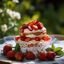 the cake has many strawberries on top