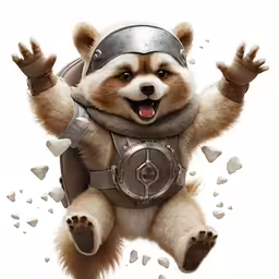a happy teddy bear in a helmet and some rocks