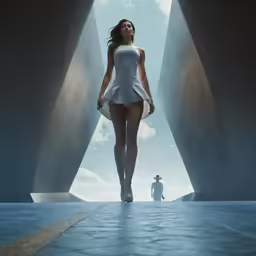 a girl walks on the ground behind a statue of a man in an entrance