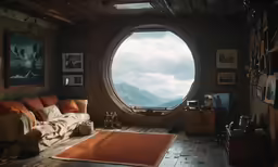 a living room with a round window and mountain view