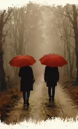 two people carrying umbrellas on a road in the woods