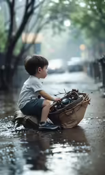 the boy is sitting in the water with his baseball glove