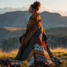 the person is sitting on a blanket outside in front of the mountains