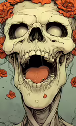 a painting with a person covered in flowers and tongue sticking out