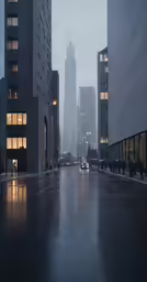 a foggy night in a large city with tall buildings