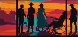 the silhouettes of people are standing in front of the colorful sky,people are standing in the sunlight with a parasol