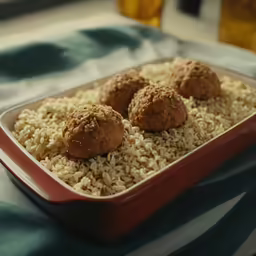 a red tray that has a meal of rice and meatballs on top