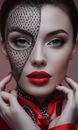 a woman with a face art deco with red lipstick and a mask on her head