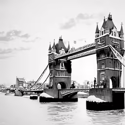 there is a large tower bridge that is spanning the river
