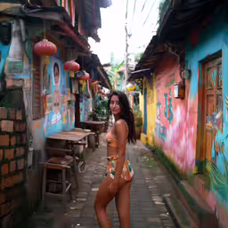 a woman is posing for a picture in front of some shops,a young woman in swim suit stands next to a restaurant