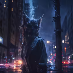a person standing in the middle of a city street at night with lights and a cat mask on