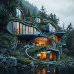 two unique houses built on the side of a mountain