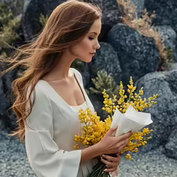 the woman holds yellow flowers in her hands