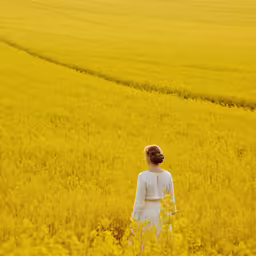 a woman in white is standing in a yellow field