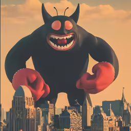 a poster showing an ugly looking character in front of a city skyline