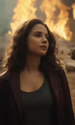 a woman wearing black jacket and grey shirt in front of a fire