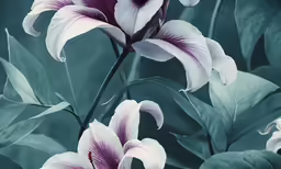 several white and purple flowers and leaves in front of a green background