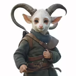 a little white goat is dressed up like a person