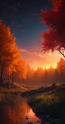 there are many trees and water in the forest,a beautiful scene with water in the foreground and trees at sunset