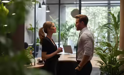 two business people are discussing a project in a large office