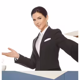 the woman is wearing a suit with hands out