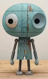 the small blue robot with big eyes stands on a wooden surface