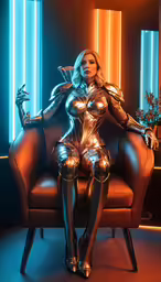woman in a metallic outfit sitting on a chair