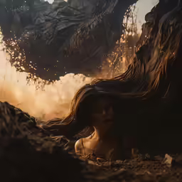 a woman laying on a bed of dirt in front of monster