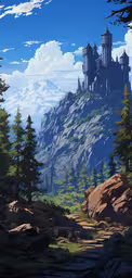 a painting of a castle on the side of a mountain,a castle in the woods near a hill