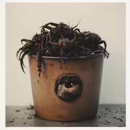 a pot that is filled with dirt sitting on top of a table