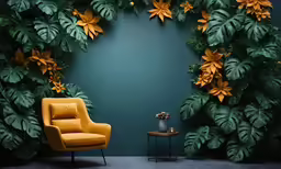 a chair is set up in front of an artificial foliage