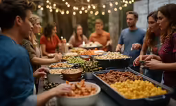 people gather around a buffet table to serve themselves