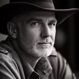 black and white portrait of man with gray hair wearing hat