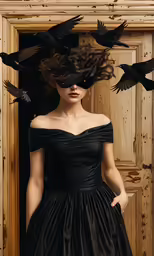 a woman with black hair is standing outside a door