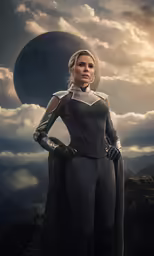 a woman dressed in black and silver standing on a cloudy hillside
