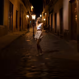 a girl standing in the middle of an alleyway,a woman in a white top walking down a street