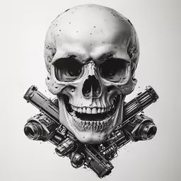 a skull has two guns and a revolver in it