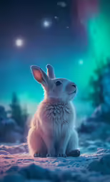 a white bunny sitting in the snow on its hind legs