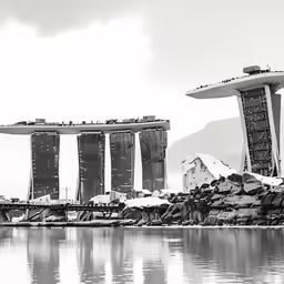 two tall bridge structures with multiple large towers above them