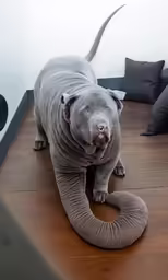 a large gray dog is standing next to a chair