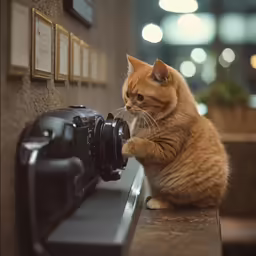 a cat sits on a counter, next to a small camera