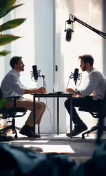 two men sitting at a table having a conversation