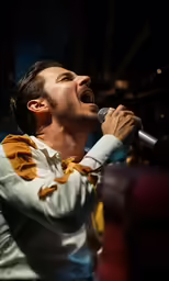 a man is singing into a microphone and smiling