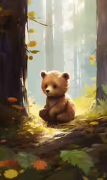brown bear cub sitting in the middle of a forest,a bear that is sitting in the dirt